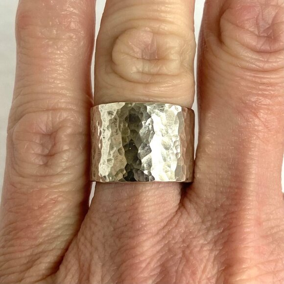 VTG Sterling Silver 925 PW 13MM Modernist Hammered Wide Band Ring Sz 5.75 - Picture 1 of 16